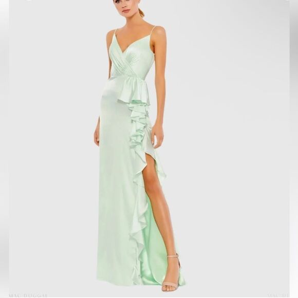 Mac Duggal Light Green Satin Ruffled Asymmetrical Gown slip dress maxi NWT 4 - Picture 1 of 14